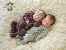 Load image into Gallery viewer, Monogrammed footie, baby coming home outfit, take me home, sleeper, personalized baby shower, organic cotton, footie, loved baby, sweet/bp