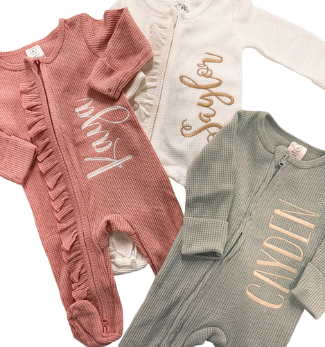 baby girl coming home outfit, newborn coming home outfit, zip footie, monogrammed coming home outfit, personalized, baby shower gift, waffle