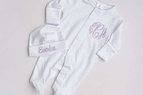 Baby girl coming home outfit, Footie, Baby girl gift, newborn girl photo outfit, newborn clothes personalized blanket purple dot