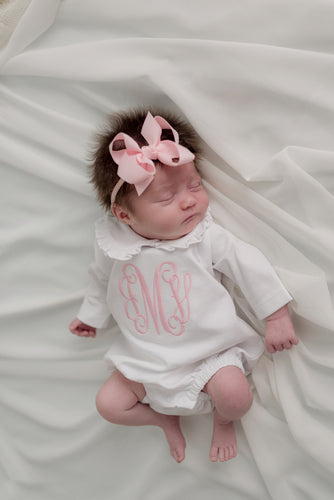 baby girl coming home outfit, Monogrammed bubble, personalized, baby clothing, shower gift, ruffle collar, sk creations, white long sleeve