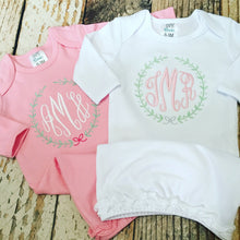 Load image into Gallery viewer, Monogrammed Girls Baby Gown, Girls Hospital Outfit, Monogrammed Infant Gown, Personalized Baby Gown, Baby Monogrammed Gown,
