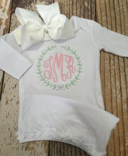 Load image into Gallery viewer, Monogrammed Girls Baby Gown, Girls Hospital Outfit, Monogrammed Infant Gown, Personalized Baby Gown, Baby Monogrammed Gown,
