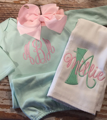 Baby girl coming home outfit, Monogrammed mint gown with matching bow, newborn coming home outfit, personalized baby shower gift, embroidery