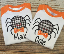 Load image into Gallery viewer, Personalized Halloween shirt, monogrammed girl halloween shirt, custom boy halloween shirt, monogrammed raglan shirt, monogram fall spider
