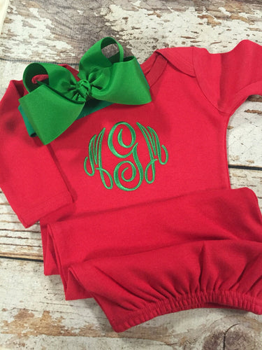 Monogrammed Christmas gown, newborn red and green outfit, baby Christmas pajamas