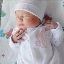 Load image into Gallery viewer, Baby girl coming home outfit, Monogrammed footie, Personalized Baby gift, Monogrammed sleeper, pima cotton, newborn pictures, shower gift
