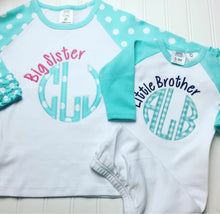 Load image into Gallery viewer, Monogrammed sibling shirts, big sister shirt, big brother shirt, little brother shirt, arb, little sister shirt, appliqué sibling set,
