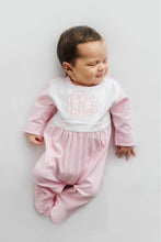 Load image into Gallery viewer, Baby girl coming home outfit, Monogrammed footie romper, Personalized Baby gift, sleeper, newborn picture bib front pink, tiny stripe
