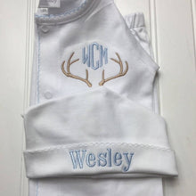 Load image into Gallery viewer, Baby boy coming home outfit, antler monogram, monogrammed footie, personalized take me home set, monogram, cap, converter gown, baby shower
