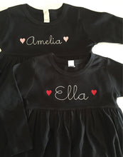 Load image into Gallery viewer, Girls Valentines Day outfit, girls personalized dress, toddler dress, girl clothing, name dress, baby girl clothes, monogram birthday, MONAG
