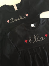 Load image into Gallery viewer, Girls Valentines Day outfit, girls personalized dress, toddler dress, girl clothing, name dress, baby girl clothes, monogram birthday, MONAG
