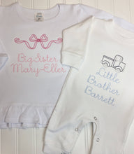 Load image into Gallery viewer, Sibling shirts, personalized sibling outfits, big brother shirt, big sister shirt, little brother shirt, little brother gown, arb
