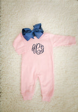 Load image into Gallery viewer, Baby girl coming home outfit, monogrammed romper and bow, baby shower gift, baby girl outfit, monogrammed outfit, monag
