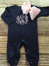 Load image into Gallery viewer, Baby girl coming home outfit, monogrammed romper and bow, baby shower gift, baby girl outfit, monogrammed outfit, monag
