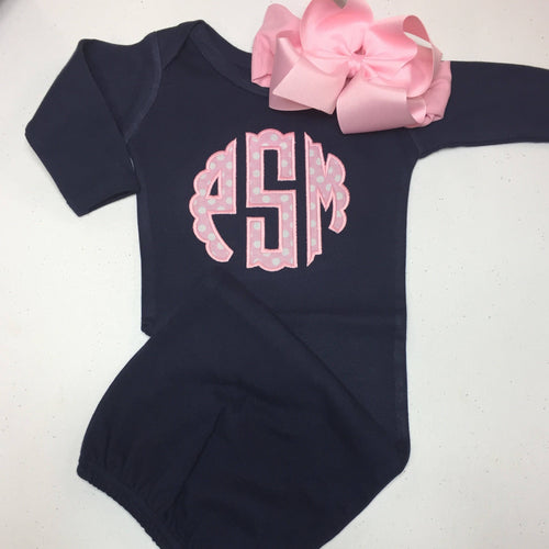 Baby girl coming home outfit, personalized gown, monogrammed gown and bow, appliqué, baby shower gift, newborn photo outfit