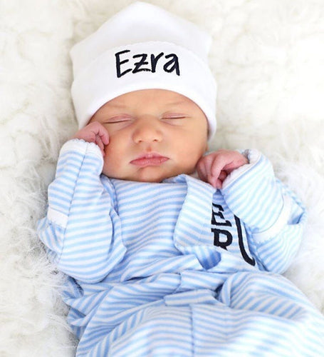 Baby boy coming home outfit, Monogrammed footie, Personalized Baby gift, Monogrammed sleeper, pima cotton, newborn pictures, blue stripes