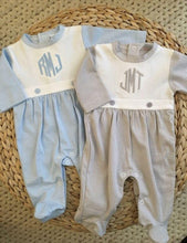 Load image into Gallery viewer, Baby boy coming home outfit, Monogrammed footie romper, Personalized Baby gift, sleeper, newborn pictures, blue tiny stripe bib front footie
