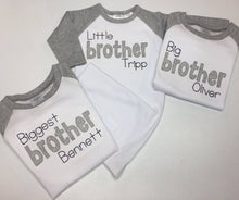 Load image into Gallery viewer, Monogrammed sibling shirts, big sister shirt, big brother shirt, little brother shirt, arb, little sister shirt, appliqué sibling set,
