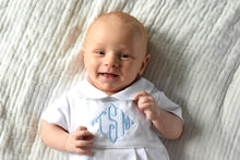 Load image into Gallery viewer, Monogrammed baby boy bubble, boy Easter outfit, personalized boys sunsuit, boys picture outfit, preppy baby boy clothing, baby shower gift
