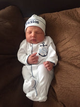 Load image into Gallery viewer, Baby boy coming home outfit, anchor newborn coming outfit, Navy outfit, monogrammed footie, baby shower gift, pima cotton, newborn photos
