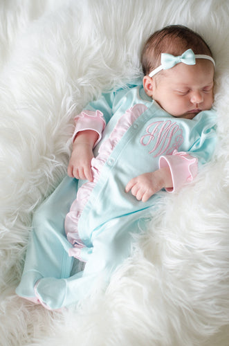 Baby girl coming home outfit, monogrammed footie, newborn clothing, girl clothing, baby shower gift, sleeper, ruffle footie mint