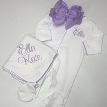 Load image into Gallery viewer, Baby girl coming home outfit, newborn coming home outfit, lilac lavender, monogrammed footie, baby shower gift, pima cotton, newborn photo
