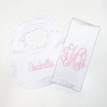 Load image into Gallery viewer, Monogrammed bib, monogrammed burp cloth set, newborn gift, baby shower gift, arb, burp cloth, bib, custom, personalized, girl, boy
