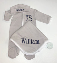 Load image into Gallery viewer, Baby boy coming home outfit, Monogrammed footie, Baby gift, Monogrammed sleeper, silver tiny stripes, sk creations, pima cotton, grey,
