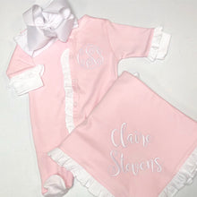 Load image into Gallery viewer, Baby girl coming home outfit, monogrammed footie, ruffle footie pink, newborn picture outfit, baby girl clothing, baby shower gift, pima
