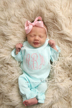 Load image into Gallery viewer, Baby girl coming home outfit, monogrammed ruffle romper, personalized baby shower gift, pima cotton, monogrammed, sk creations, mint ruffle
