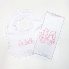 Load image into Gallery viewer, Monogrammed bib and burp cloth set, newborn gift, baby shower gift, burp cloth, bib, custom, ARB, personalized, girl, boy
