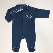 Load image into Gallery viewer, Baby boy coming home outfit, navy monogrammed footie and hat, sk creations, pima cotton
