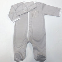 Load image into Gallery viewer, Baby boy coming home outfit, Monogrammed footie, Baby gift, Monogrammed sleeper, silver tiny stripes, sk creations, pima cotton, grey,
