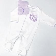 Load image into Gallery viewer, Baby girl coming home outfit, newborn coming home outfit, lilac lavender, monogrammed footie, baby shower gift, pima cotton, newborn photo
