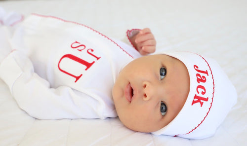 Unisex baby coming home outfit, red baby boy coming home outfit, baby girl coming home outfit, monogramed, pima cotton, footie and hat