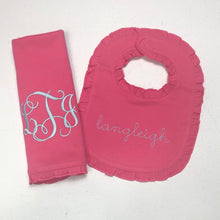 Load image into Gallery viewer, Monogrammed bib, monogrammed burp cloth set, newborn gift, baby shower gift, arb, burp cloth, bib, custom, personalized, girl, boy
