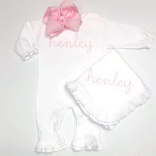 Load image into Gallery viewer, Baby girl coming home outfit, monogrammed ruffle romper, pima cotton, sk creations, Preemie, Newborn
