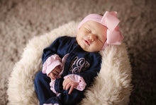 Load image into Gallery viewer, Baby girl coming home outfit, monogrammed footie, ruffle footie navy, newborn picture outfit, baby girl clothing, baby shower gift, pima
