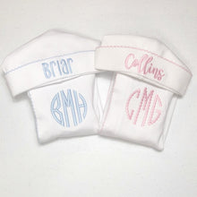 Load image into Gallery viewer, Baby boy coming home outfit, Monogrammed footie, Personalized Baby gift, Monogrammed sleeper, pima cotton, newborn pictures, shower gift
