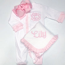 Load image into Gallery viewer, Baby girl coming home outfit, monogrammed footie, newborn clothing, girl clothing, baby shower gift, sleeper, ruffle footie pink dot
