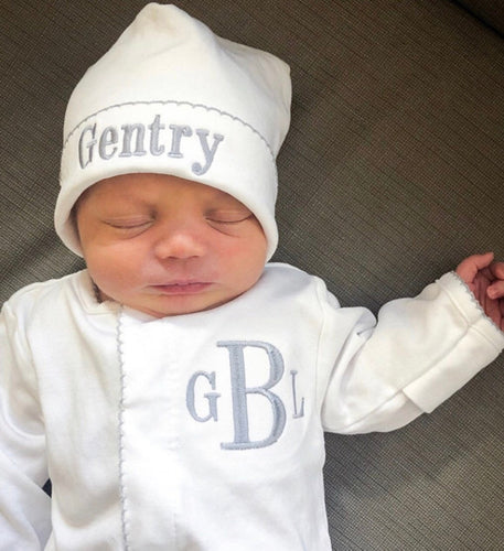 Baby boy coming home outfit, size newborn or 0-3 month, monogram footie, baby shower gift, pima cotton, newborn photos