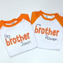 Load image into Gallery viewer, Monogrammed sibling shirts, big sister shirt, big brother shirt, little brother shirt, arb, little sister shirt, appliqué sibling set,
