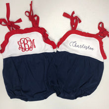 Load image into Gallery viewer, Girls Romper, fourth of july outfit, 4th, patriotic outfit, monogrammed bubble, personalized sunsuit, baby girl clothing,  birthday outfit
