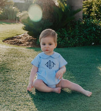 Load image into Gallery viewer, Monogrammed baby boy bubble, boy Easter outfit, personalized boys sunsuit, boys picture outfit, preppy baby boy clothing, baby shower gift
