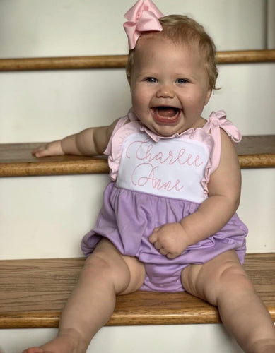 Girls Romper, monogrammed bubble, personalized sunsuit, baby girl clothing, 1st birthday gift, birthday outfit/pink&lavender