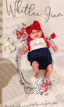 Load image into Gallery viewer, Girls Romper, fourth of july outfit, 4th, patriotic outfit, monogrammed bubble, personalized sunsuit, baby girl clothing,  birthday outfit
