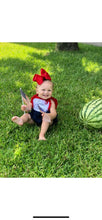 Load image into Gallery viewer, Girls Romper, fourth of july outfit, 4th, patriotic outfit, monogrammed bubble, personalized sunsuit, baby girl clothing,  birthday outfit
