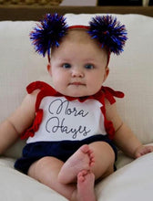 Load image into Gallery viewer, Girls Romper, fourth of july outfit, 4th, patriotic outfit, monogrammed bubble, personalized sunsuit, baby girl clothing,  birthday outfit
