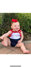 Load image into Gallery viewer, Girls Romper, fourth of july outfit, 4th, patriotic outfit, monogrammed bubble, personalized sunsuit, baby girl clothing,  birthday outfit
