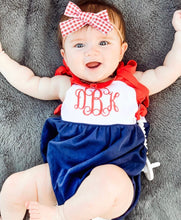 Load image into Gallery viewer, Girls Romper, fourth of july outfit, 4th, patriotic outfit, monogrammed bubble, personalized sunsuit, baby girl clothing,  birthday outfit
